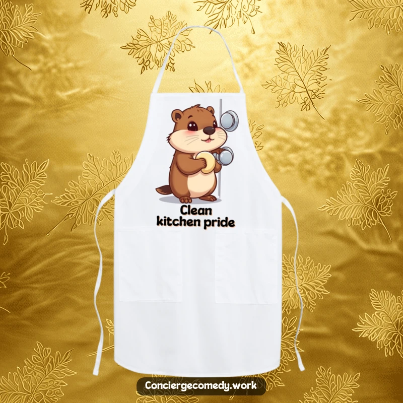Funny Apron: A busy beaver with a focused gaze polishes a shiny doorknob, perfect for your workspace.