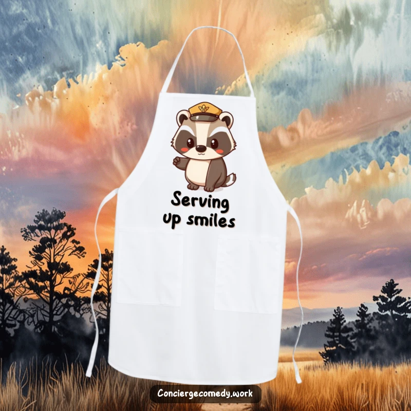 Funny apron showing a determined badger in a uniform hat, nodding politely while ready to cook. Practical kitchen wear with humor.