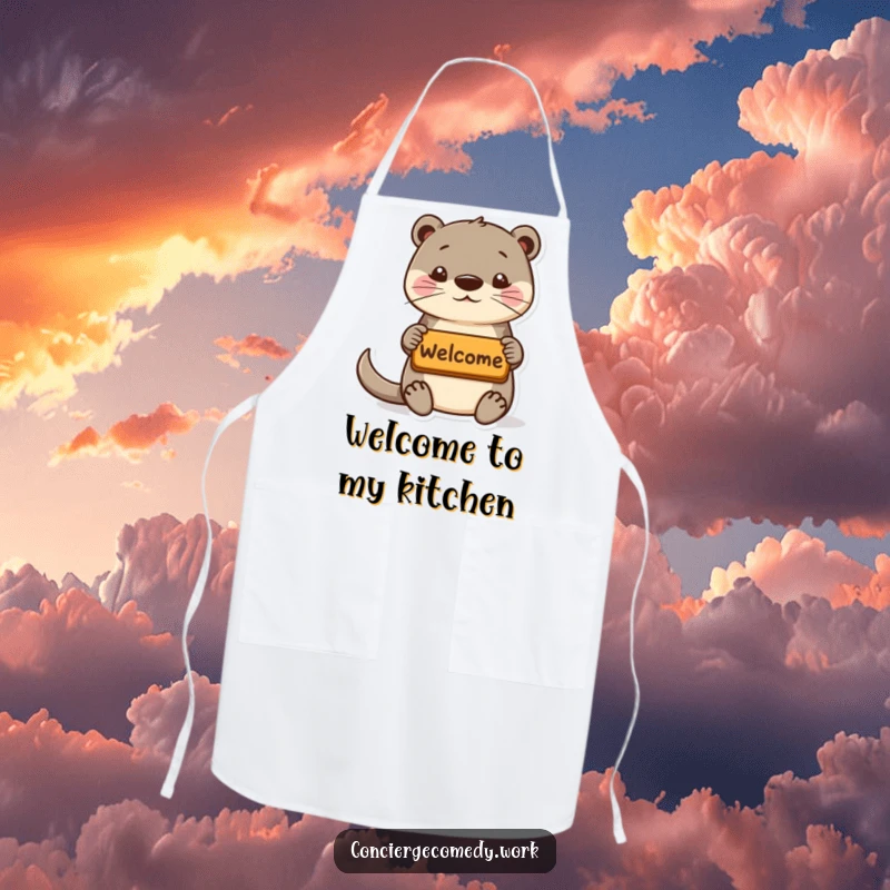 Funny playful otter apron offering a tiny welcome mat, perky ears, protective and humorous kitchen wear.