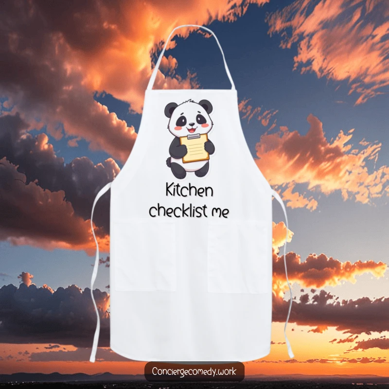 Funny panda holding a clipboard with a smile, wearing a protective and humorous apron.