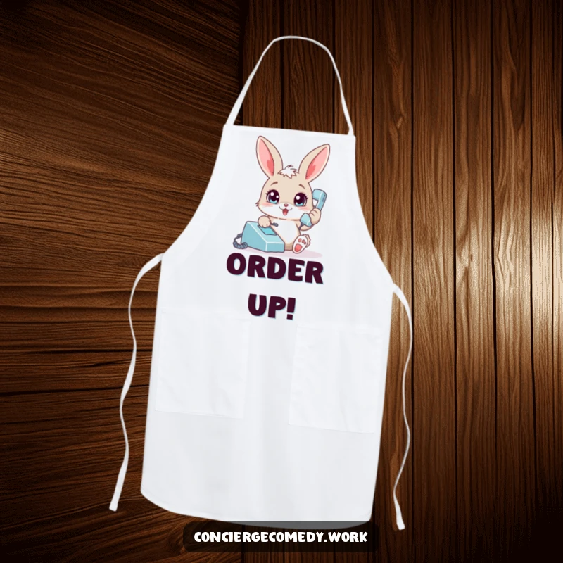 Funny bunny apron, playful rabbit answering phone, chef gear that's humorous and practical, ideal funny gift.