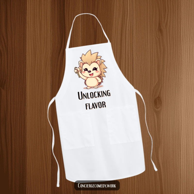 Funny cheerful hedgehog apron holding a small key, gleaming smile, protective and humorous kitchen wear.