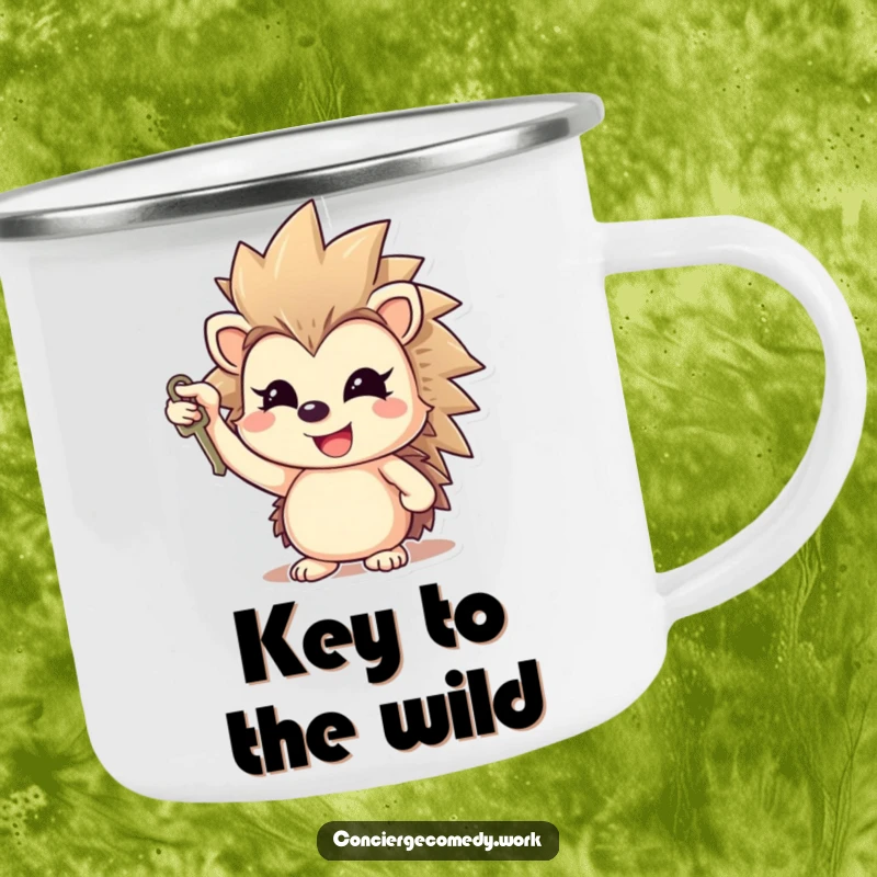 Funny cheerful hedgehog camping mug holding a key aloft, gleaming smile, humorous outdoor accessory.