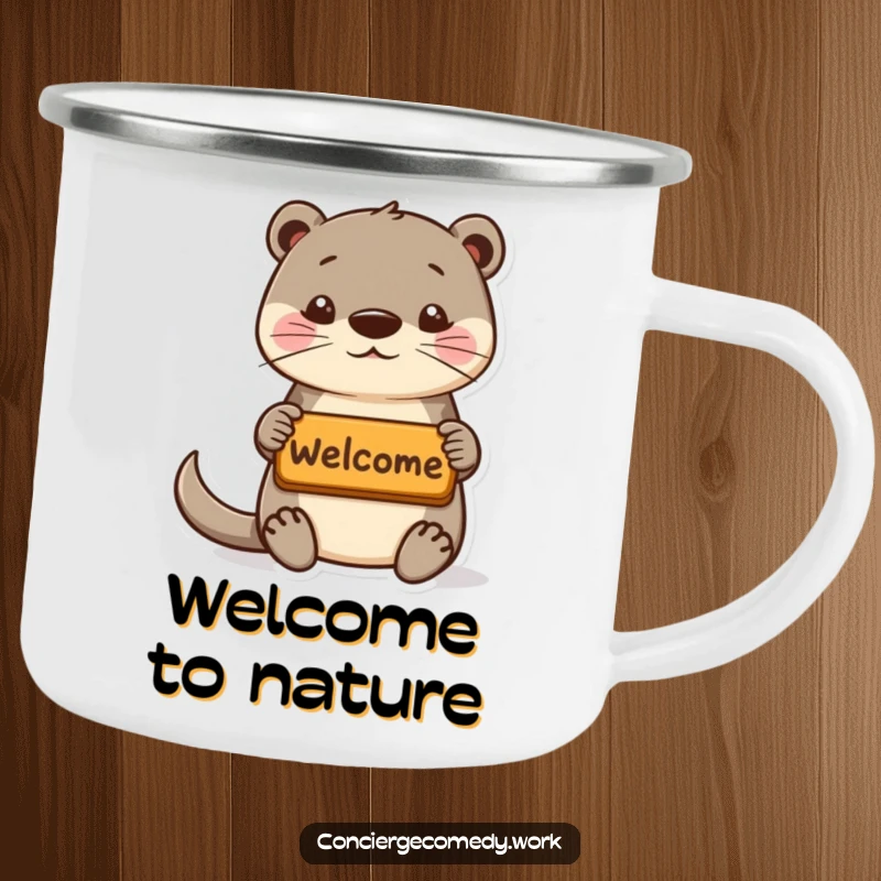 Funny playful otter camping mug offering a welcome mat, perky ears, humorous outdoor accessory.