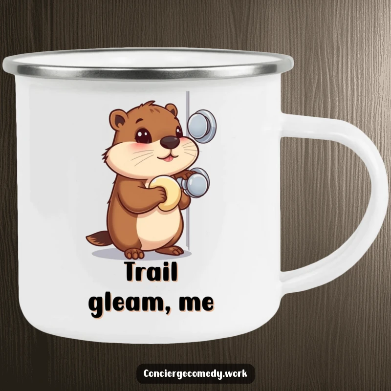 Funny Camping Mug: A busy beaver with a focused gaze polishes a shiny doorknob, perfect for the outdoors.