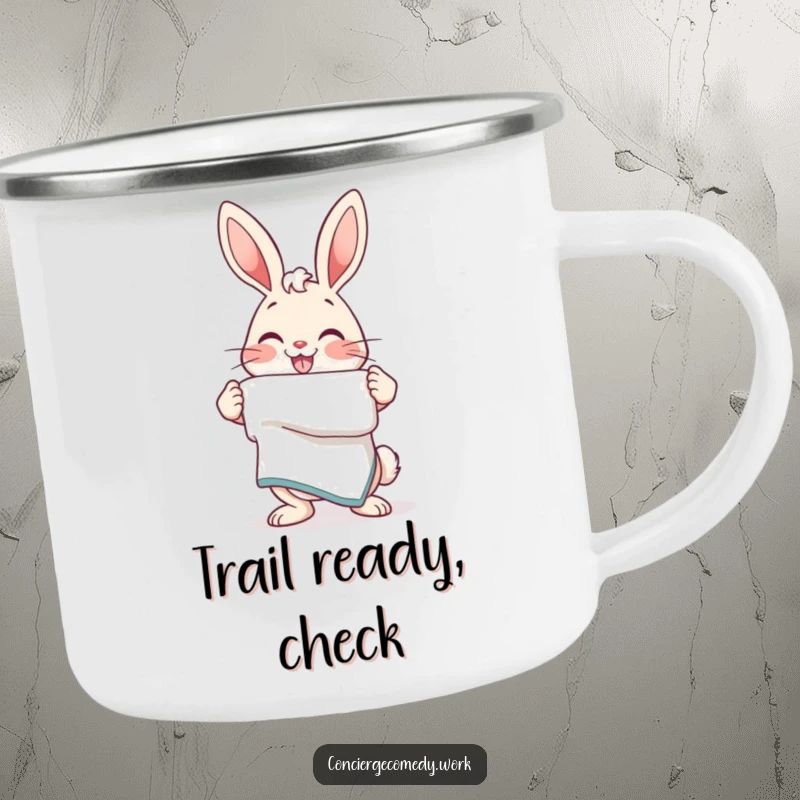 Funny Camping Mug: An energetic bunny with a friendly smile offers a neatly folded towel, perfect for outdoor fun.