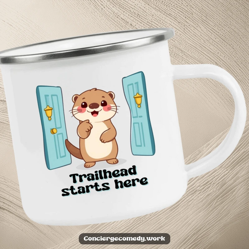 Funny otter camping mug, enamel cup with a smiling otter pointing to an entrance, outdoorsy and humorous gift.