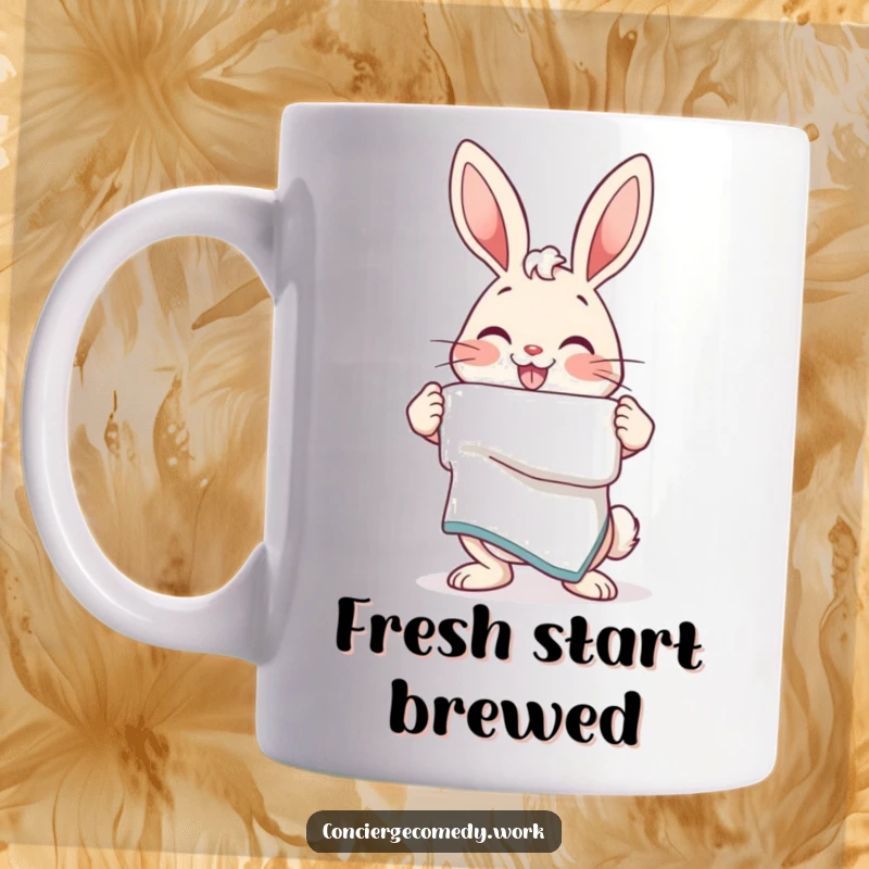 Funny Mug: An energetic bunny with a friendly smile proudly presents a neatly folded towel.