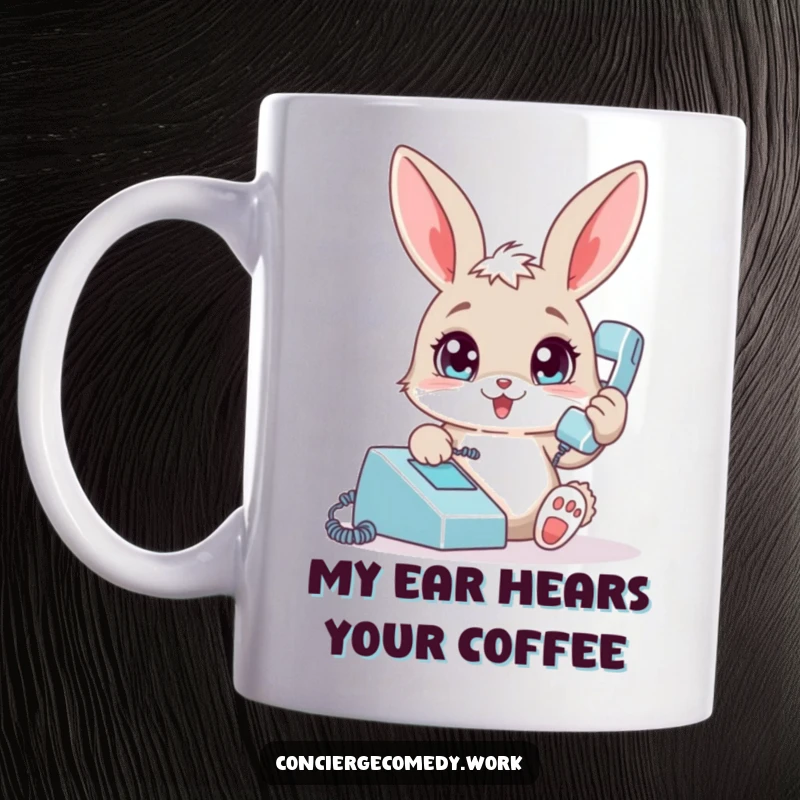 Funny bunny mug with bright eyes, playfully answering a telephone, perfect for a humorous and cute gift.