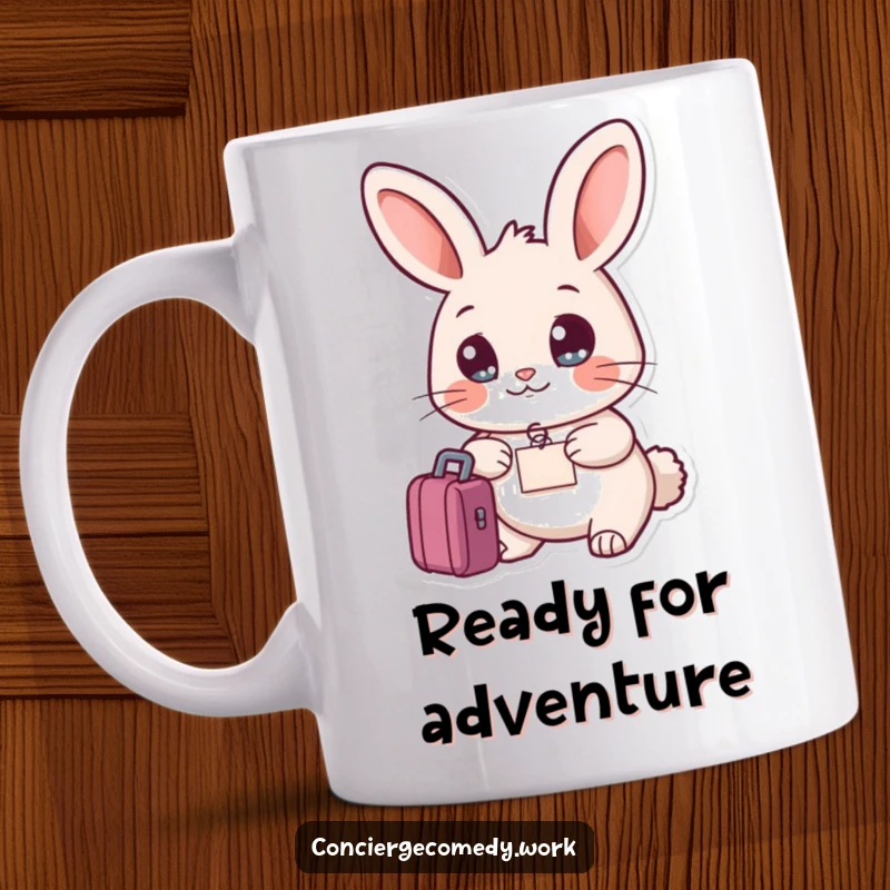 Funny friendly rabbit with bright eyes holding a small luggage tag, ready for travel, a humorous gift.