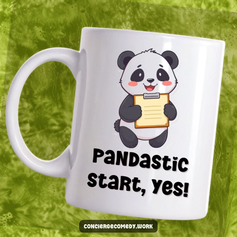 Funny delighted panda holding a clipboard with a cheerful smile, depicted on a humorous mug.