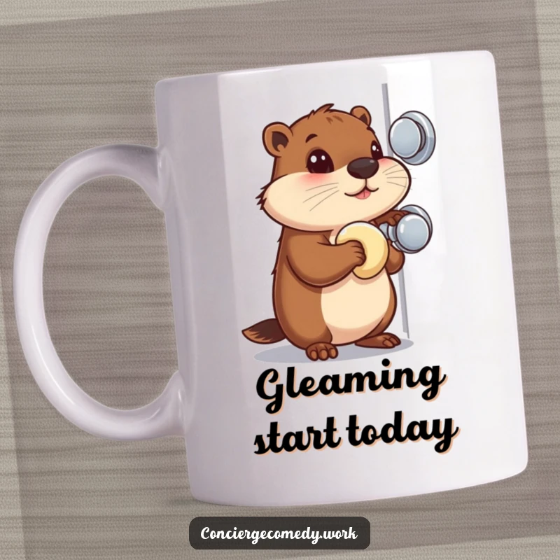 Funny Mug: A busy beaver with a focused gaze meticulously polishes a shiny doorknob.