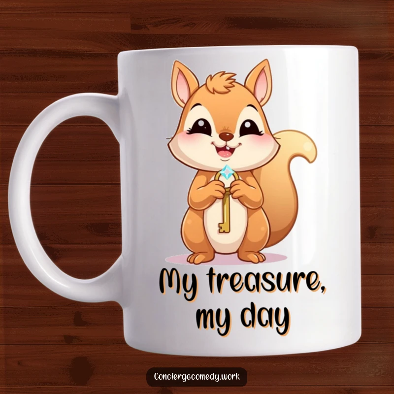 Funny Mug featuring a joyful squirrel holding a small, sparkling key, radiating excitement and the promise of discovery.