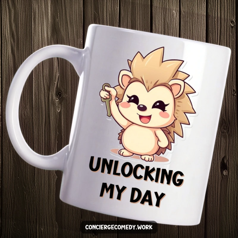 Funny cheerful hedgehog holding a small key aloft with a gleaming smile, an optimistic and humorous gift.