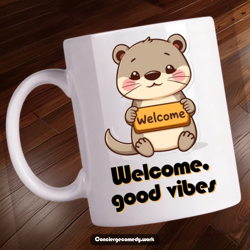Funny playful otter offering a tiny welcome mat with perky ears, a welcoming and humorous gift.