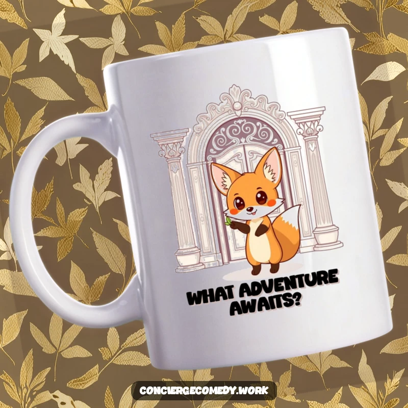 Funny Mug: A curious fox with wide eyes points towards a grand, ornate doorway, inviting exploration.