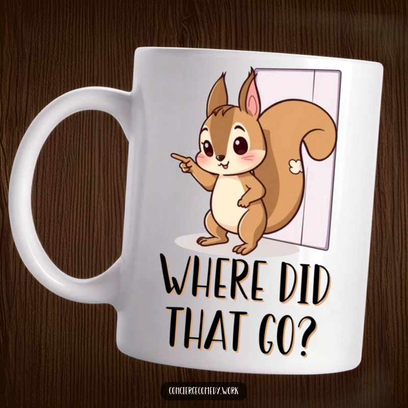 Funny mug: a curious squirrel tiptoeing stealthily, pointing with its tiny paw towards an invisible door. Whimsical and fun.