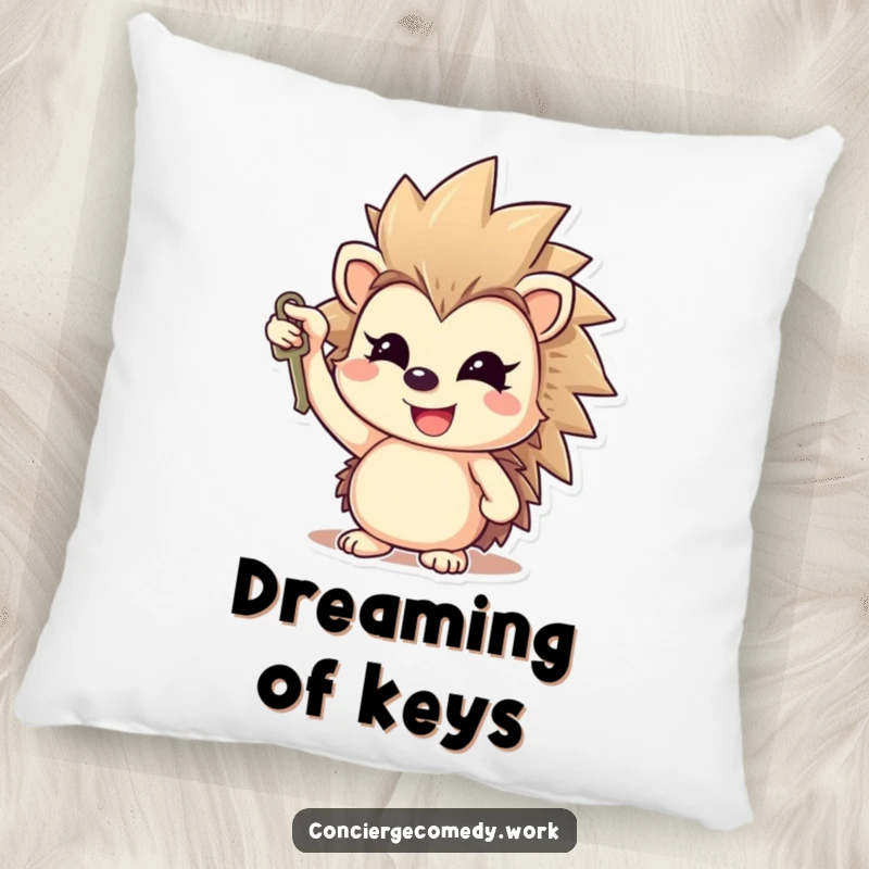 Funny cheerful hedgehog pillow holding a key, gleaming smile, soft and uplifting decorative item.