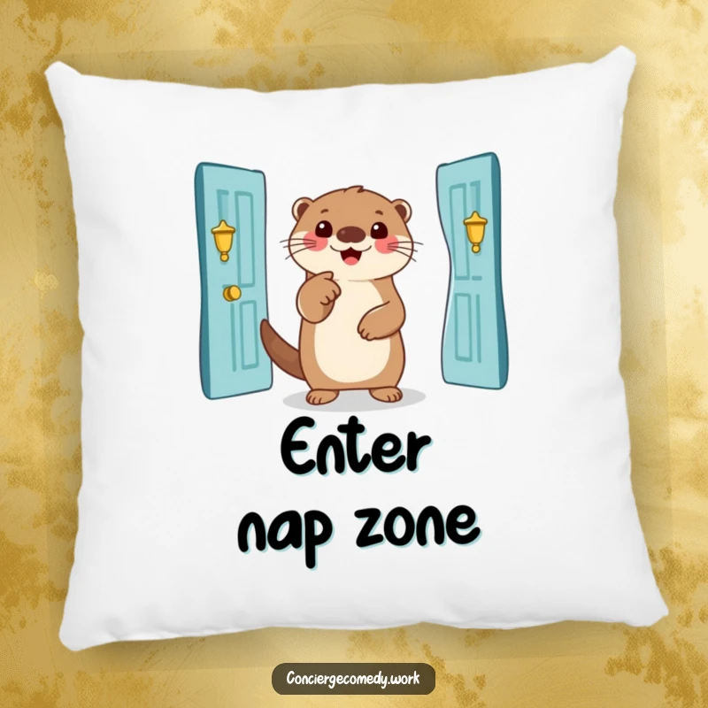 Funny otter pillow, soft cushion with a smiling otter pointing to an entrance, adding humor and comfort.
