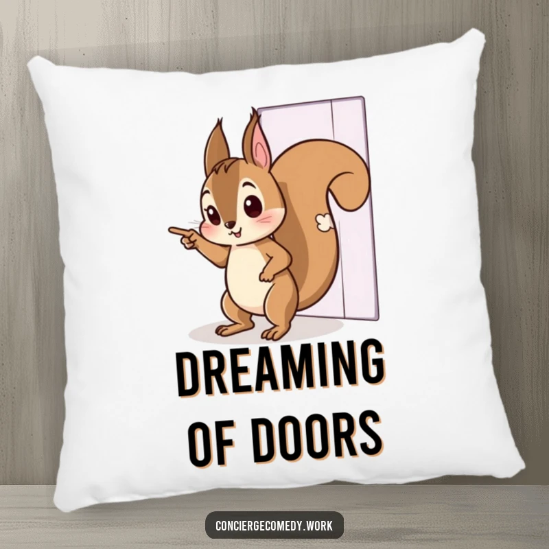 Funny pillow with a curious squirrel tiptoeing and pointing towards an invisible door. Soft and decorative home accent.