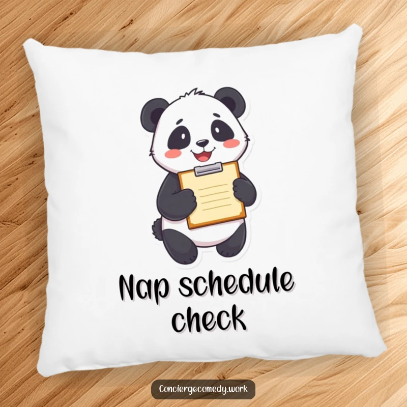 Funny panda holding a clipboard with a smile, depicted on a soft and decorative pillow.