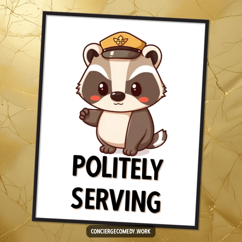 Funny digital art print of a determined badger character wearing a small uniform hat, nodding politely. Instant download for wall decor.