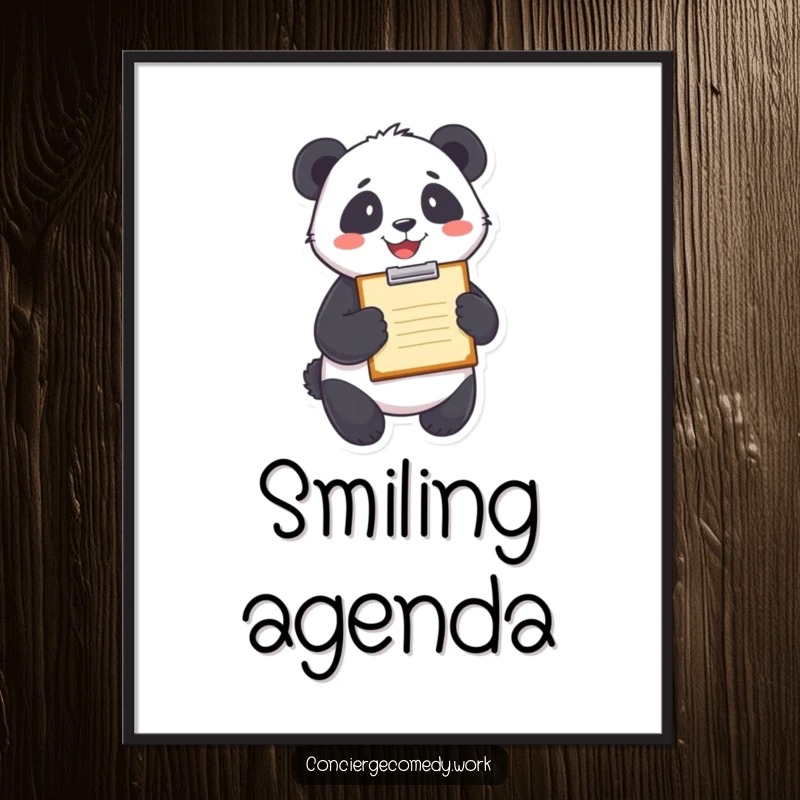 Funny panda with a delighted smile holding a clipboard, high-quality digital art print download.