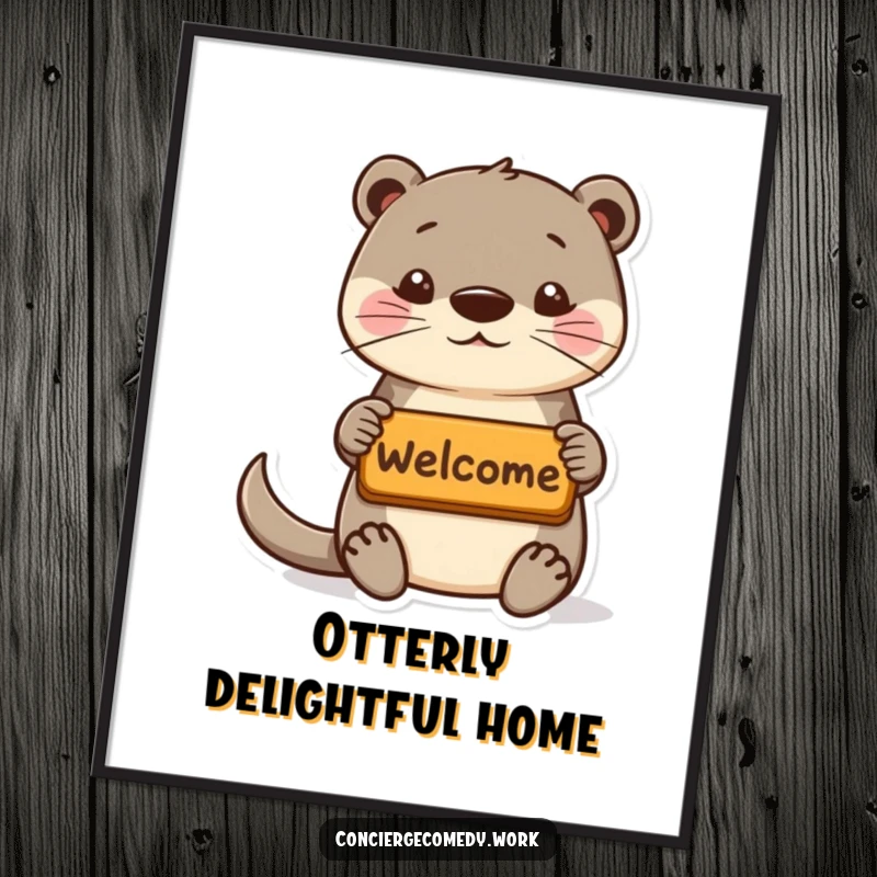 Funny playful otter digital art print offering a welcome mat, perky ears, instant download.