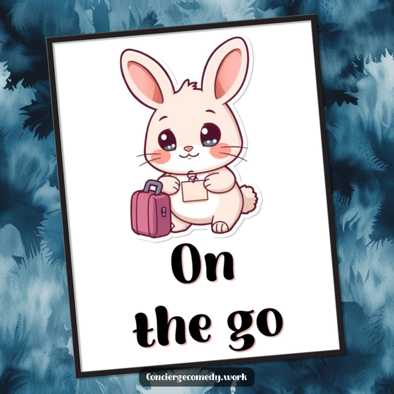 Funny friendly rabbit digital art print holding a luggage tag, bright eyes, instant download.