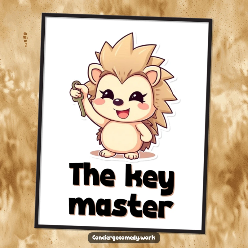 Funny cheerful hedgehog digital art print holding a key, gleaming smile, instant download.