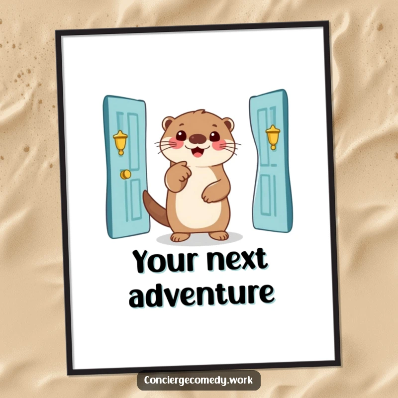 Funny otter digital art print, smiling creature pointing to a grand entrance, instant download, humorous decor, unique gift.