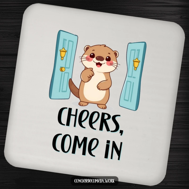 Funny otter coaster, protects surfaces, smiling otter pointing to a grand entrance, cute and humorous drink accessory.