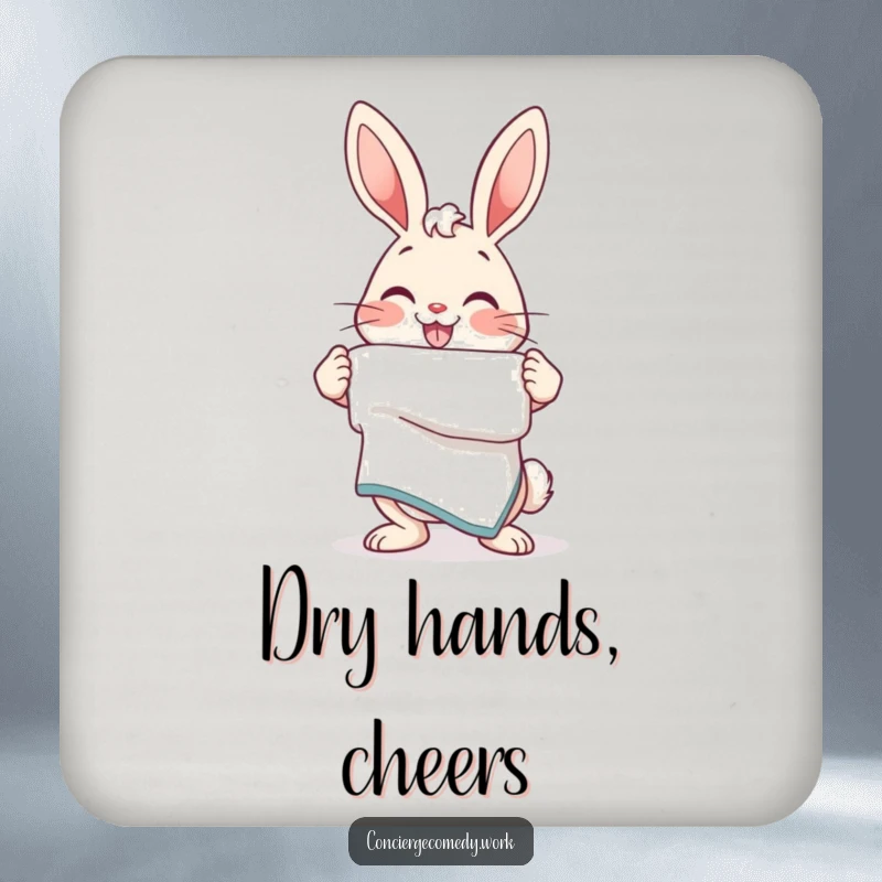 Funny Drink Coaster: An energetic bunny with a friendly smile presents a neatly folded towel, adding charm.