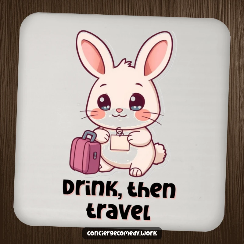 Funny friendly rabbit drink coaster holding a luggage tag, bright eyes, a protective and amusing accessory.