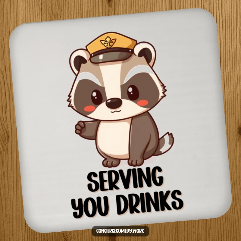Funny drink coaster with a determined badger in a small uniform hat, nodding politely. Protects surfaces with a humorous design.