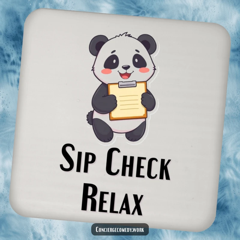 Funny panda holding a clipboard with a smile, featured on protective drink coasters in a charming set.