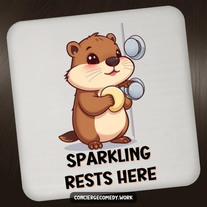 Funny Drink Coaster: A busy beaver with a focused gaze polishes a shiny doorknob, adding charm.