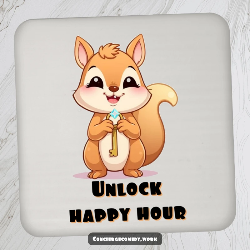 Funny Drink Coaster: A joyful squirrel holds a tiny, sparkling key, its eager expression bringing charm to your table.