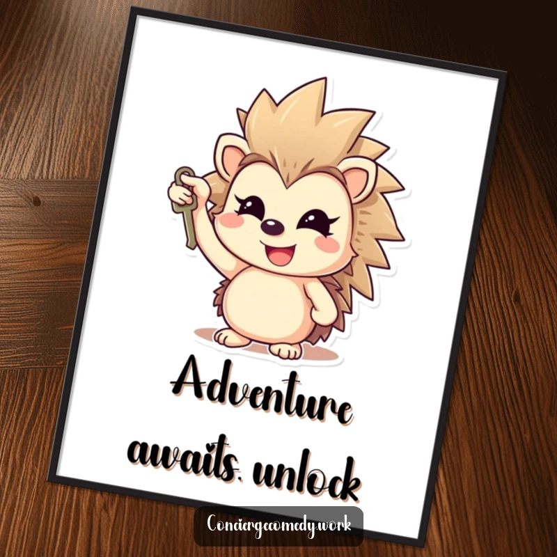 Funny cheerful hedgehog poster holding a small key aloft, gleaming smile, motivational and humorous art.