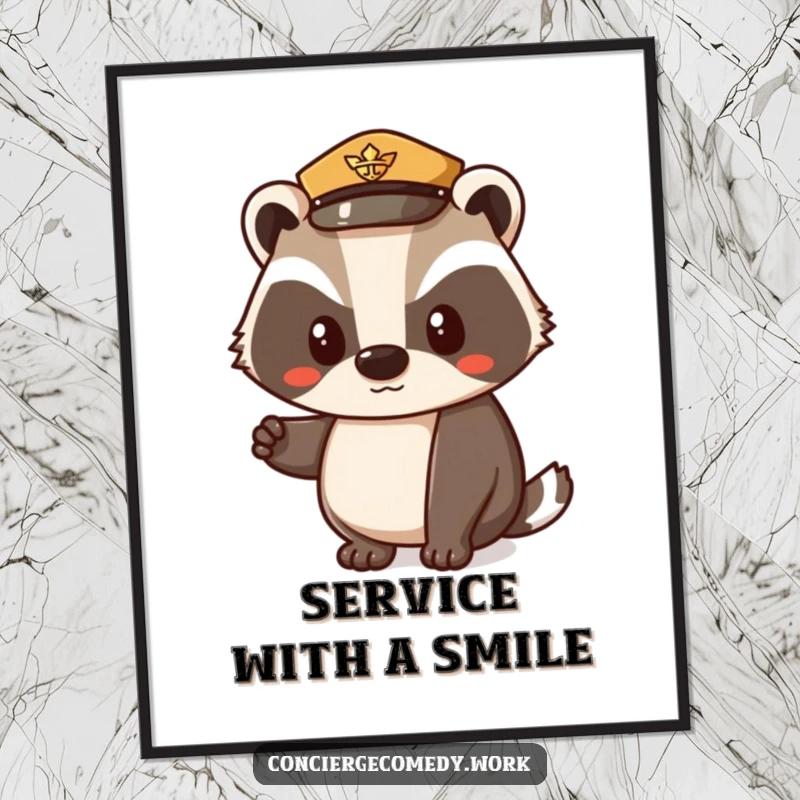 Funny poster print of a determined badger character wearing a small uniform hat, nodding politely. High-quality wall art for humor lovers.