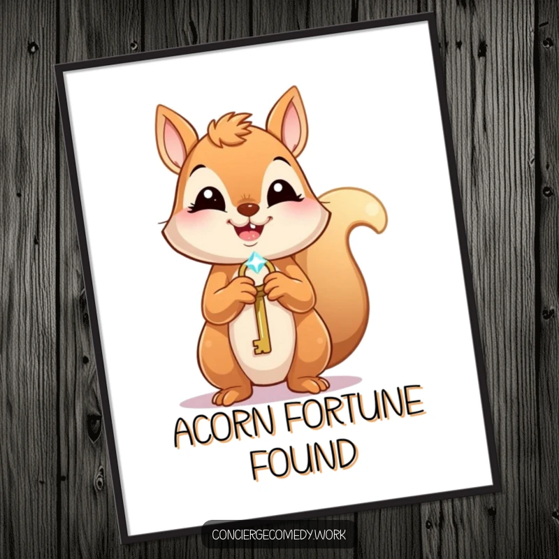 Funny Poster: A joyful squirrel clutches a tiny, sparkling key, its eager expression symbolizing opportunity and discovery.