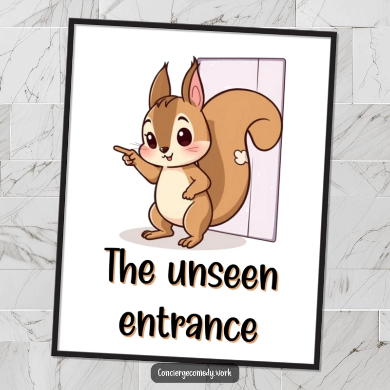 Funny poster print of a curious squirrel character tiptoeing and pointing towards an invisible door. Whimsical wall decor.
