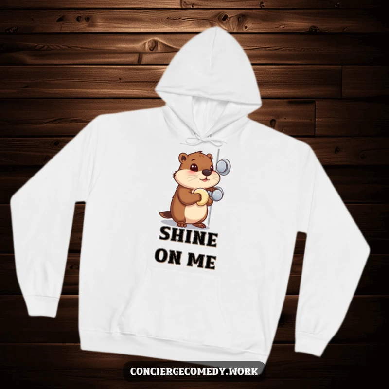 Funny Hoodie: A busy beaver with a focused gaze polishes a shiny doorknob, emphasizing diligence.