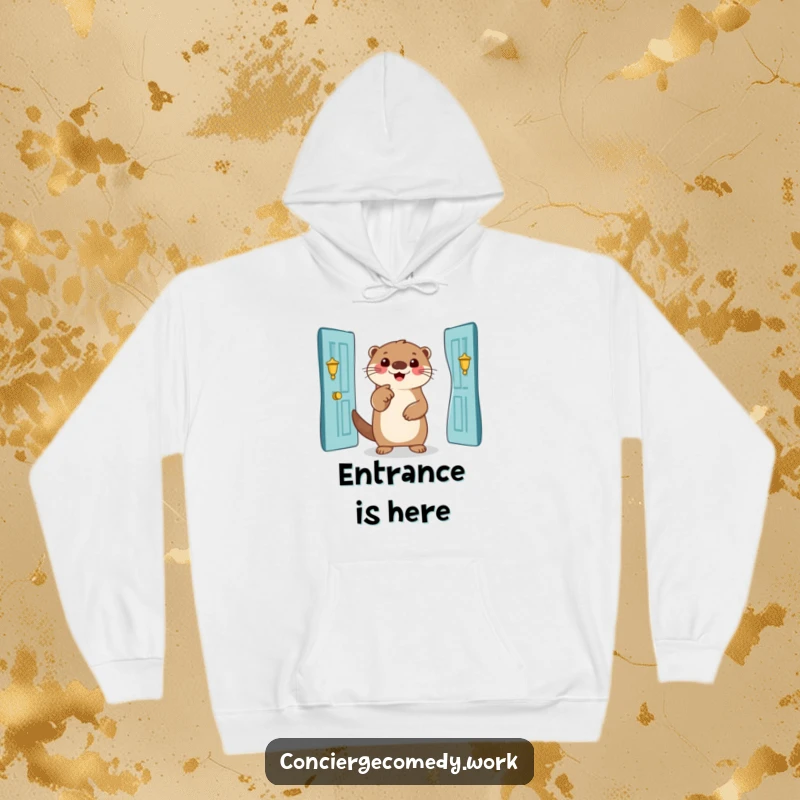 Funny otter hoodie, soft and warm, with a smiling otter pointing to an entrance, great humorous gift.