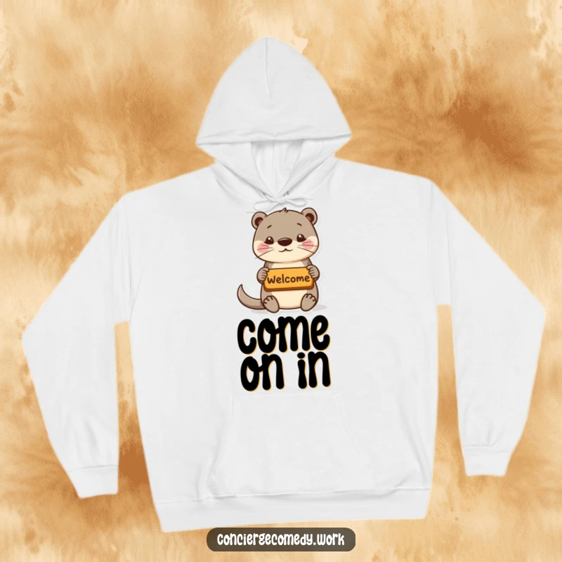 Funny playful otter hoodie offering a welcome mat, perky ears, cozy and welcoming apparel.