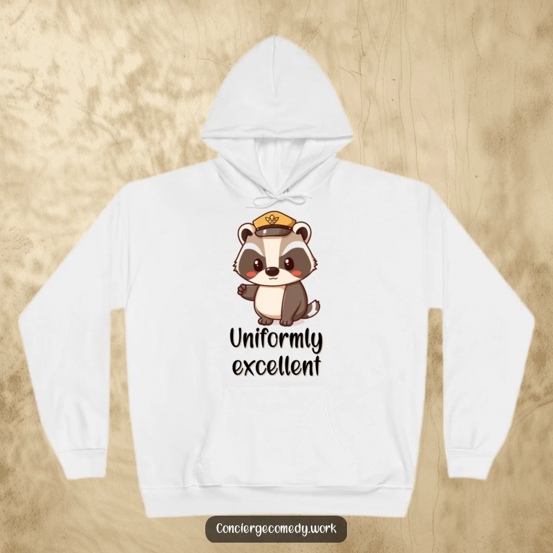 Funny hoodie depicting a determined badger character in a small uniform hat, offering a polite and respectful nod. A warm and witty gift.