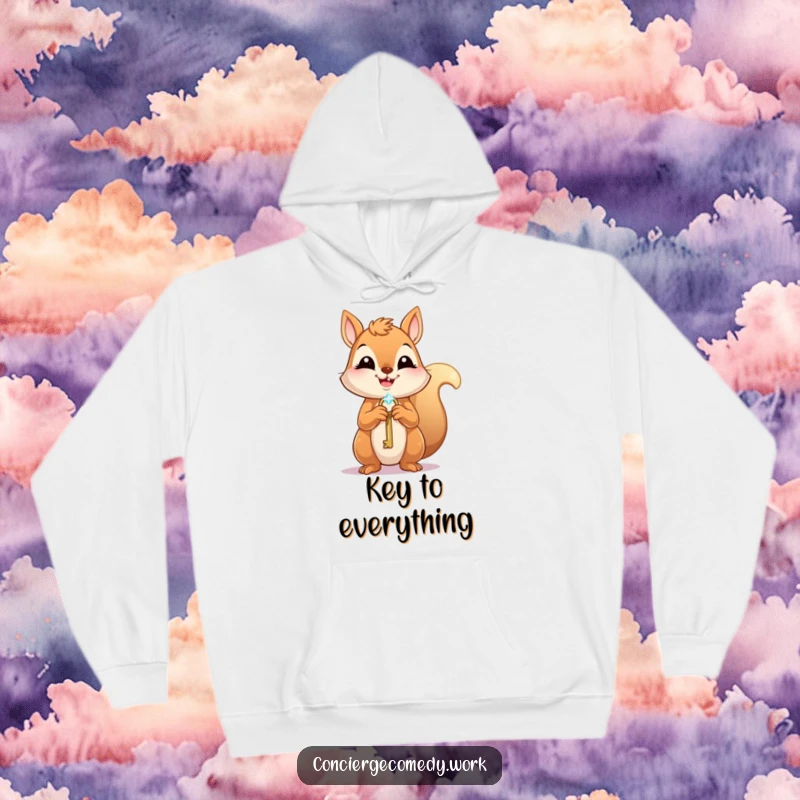 Funny Hoodie: A happy squirrel holds a sparkling key, its eager face showing a desire for unlocking new adventures.