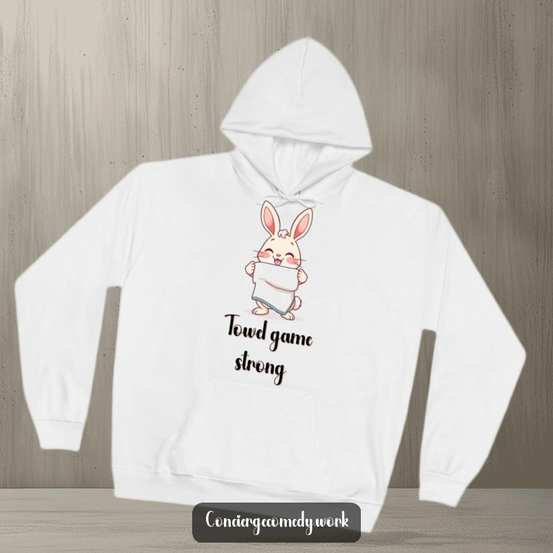 Funny Hoodie: An energetic bunny with a friendly smile presents a neatly folded towel, ready to assist.