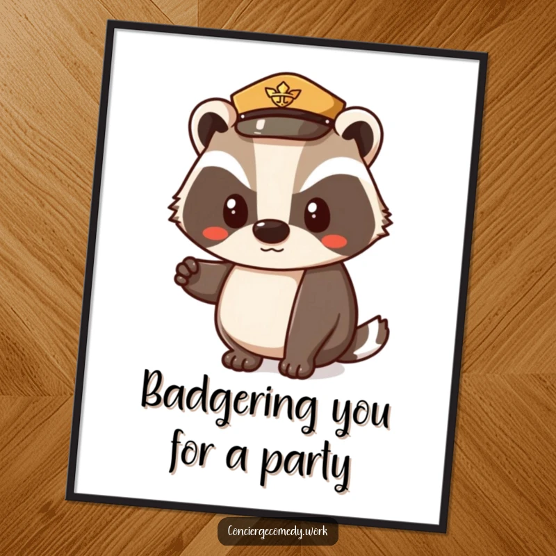Funny Free Printable Wall Art: Determined badger in a uniform hat, giving a polite, charming nod.