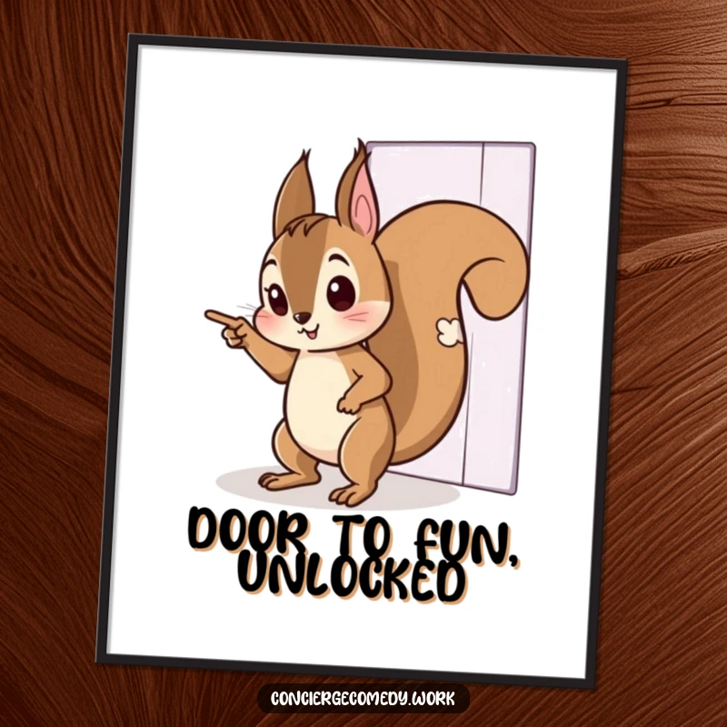 Funny Free Printable Wall Art: Curious squirrel tiptoeing, pointing towards an unseen, intriguing door.